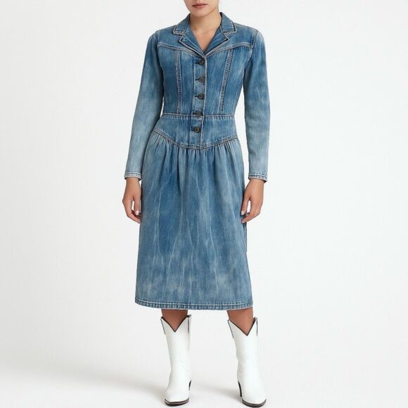 Vintage Dresses & Skirts - Vintage 80s Hollywood Blvd Acid Wash Denim Western Cowgirl Dress Women’s Size 6